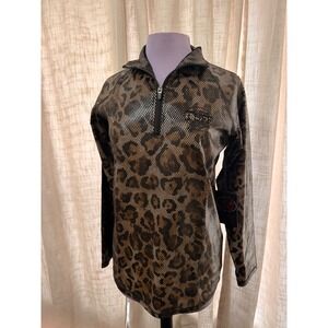 Leopard Print Half-Zip Long Sleeve Top - Brown/Black